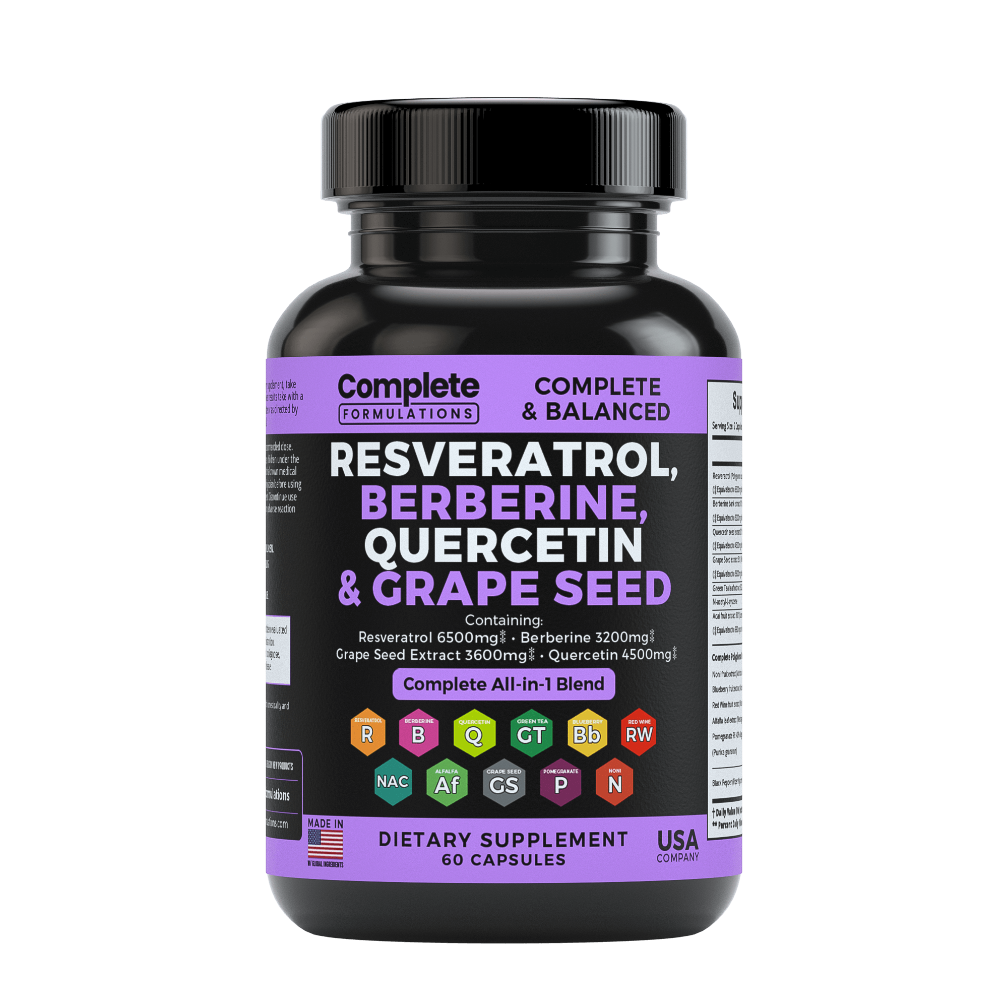 Resveratrol Supplement with Quercetin, Berberine, Grape Seed Extract, & Polyphenol Blend for Skin Health - Complete Formulations