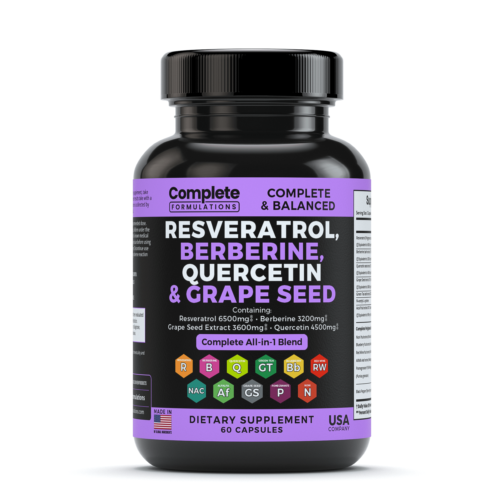 Resveratrol Supplement with Quercetin, Berberine, Grape Seed Extract, & Polyphenol Blend for Skin Health