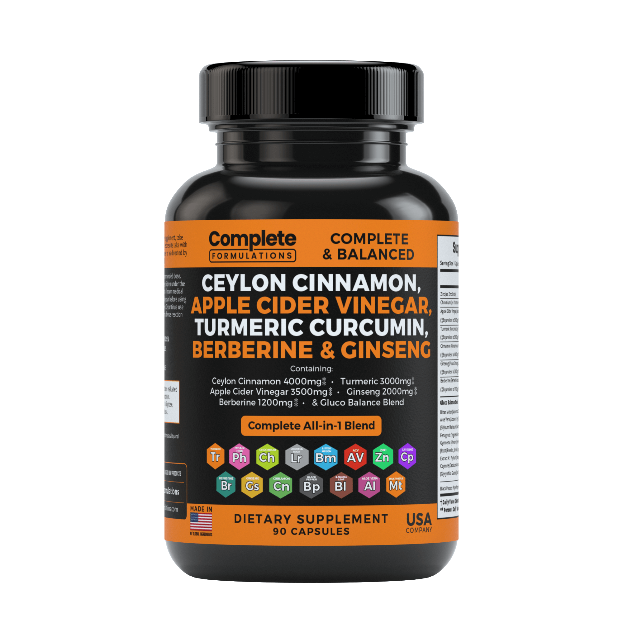 Ceylon Cinnamon Apple Cider Vinegar Turmeric Curcumin, Berberine & Ginseng - Complete Formulations