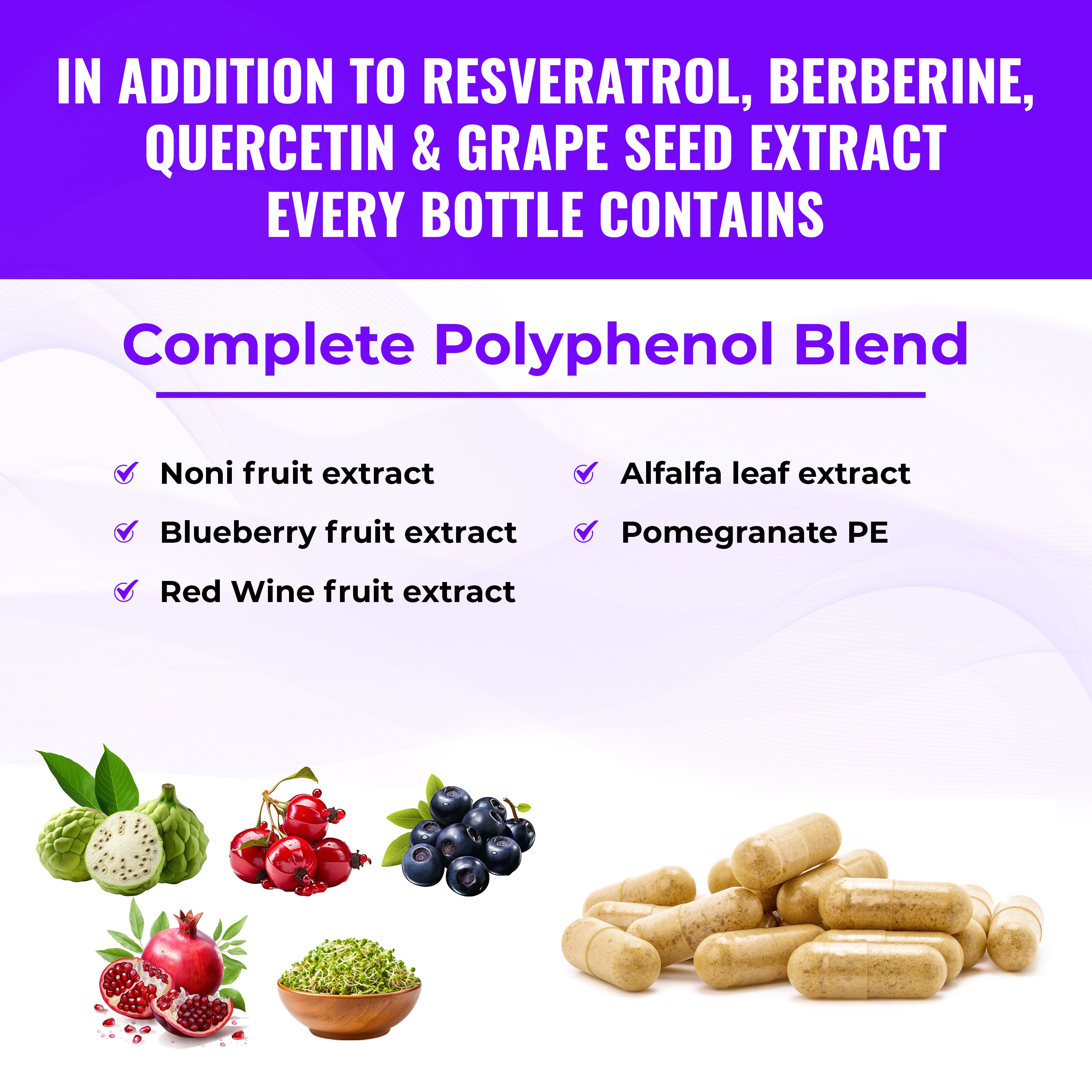 Resveratrol Supplement with Quercetin, Berberine, Grape Seed Extract, & Polyphenol Blend for Skin Health