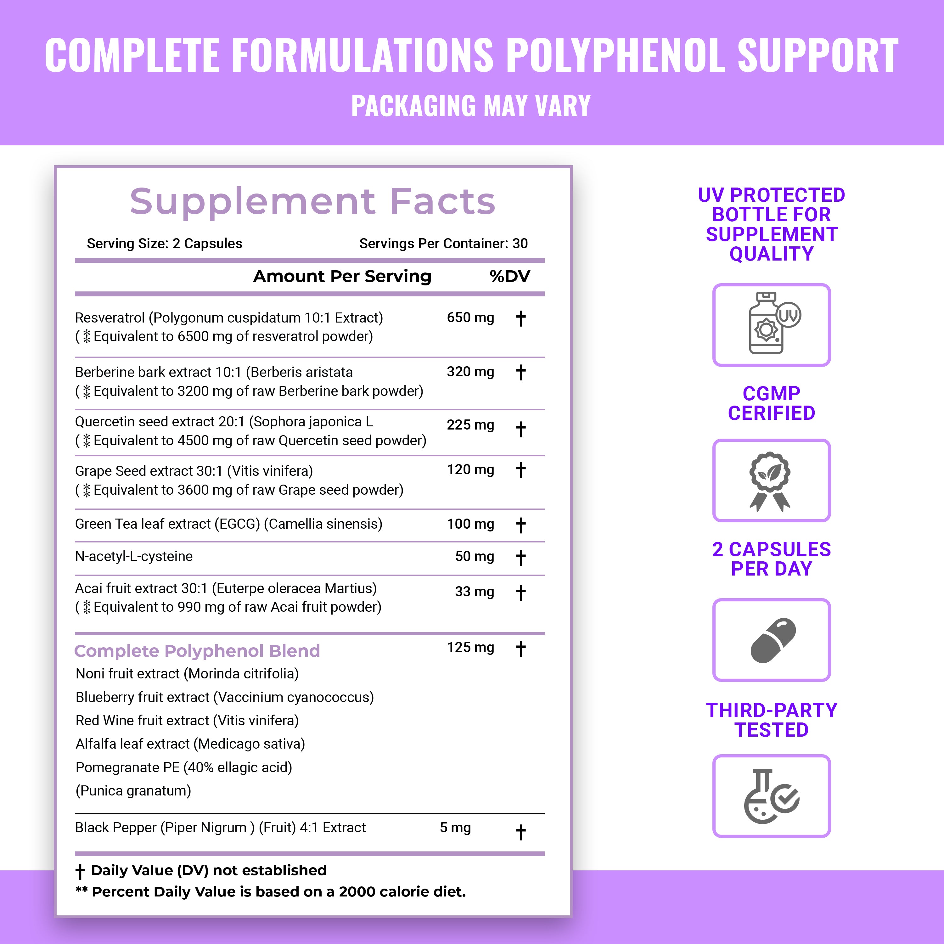 Resveratrol Supplement with Quercetin, Berberine, Grape Seed Extract, & Polyphenol Blend for Skin Health